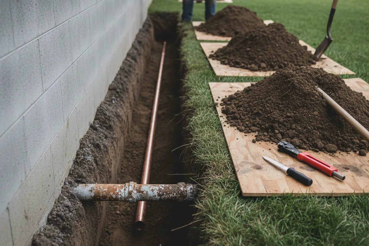 Excavated water line trench during Water Heater Repair in Broken Bow